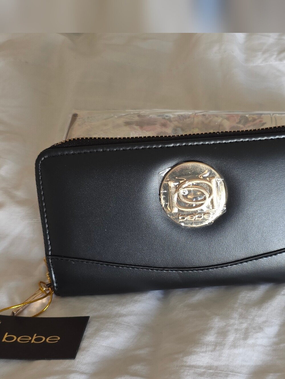 Bebe Black Zip Wallet with Gold Logo